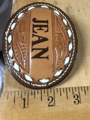 Vtg Tooled Leather Western Belt Buckle name JEAN custom Big 4” cowboy