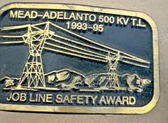 Vtg Solid Brass Belt Buckle Mead-Adelanto 500 KV T.L. Job Line Construction Dyna