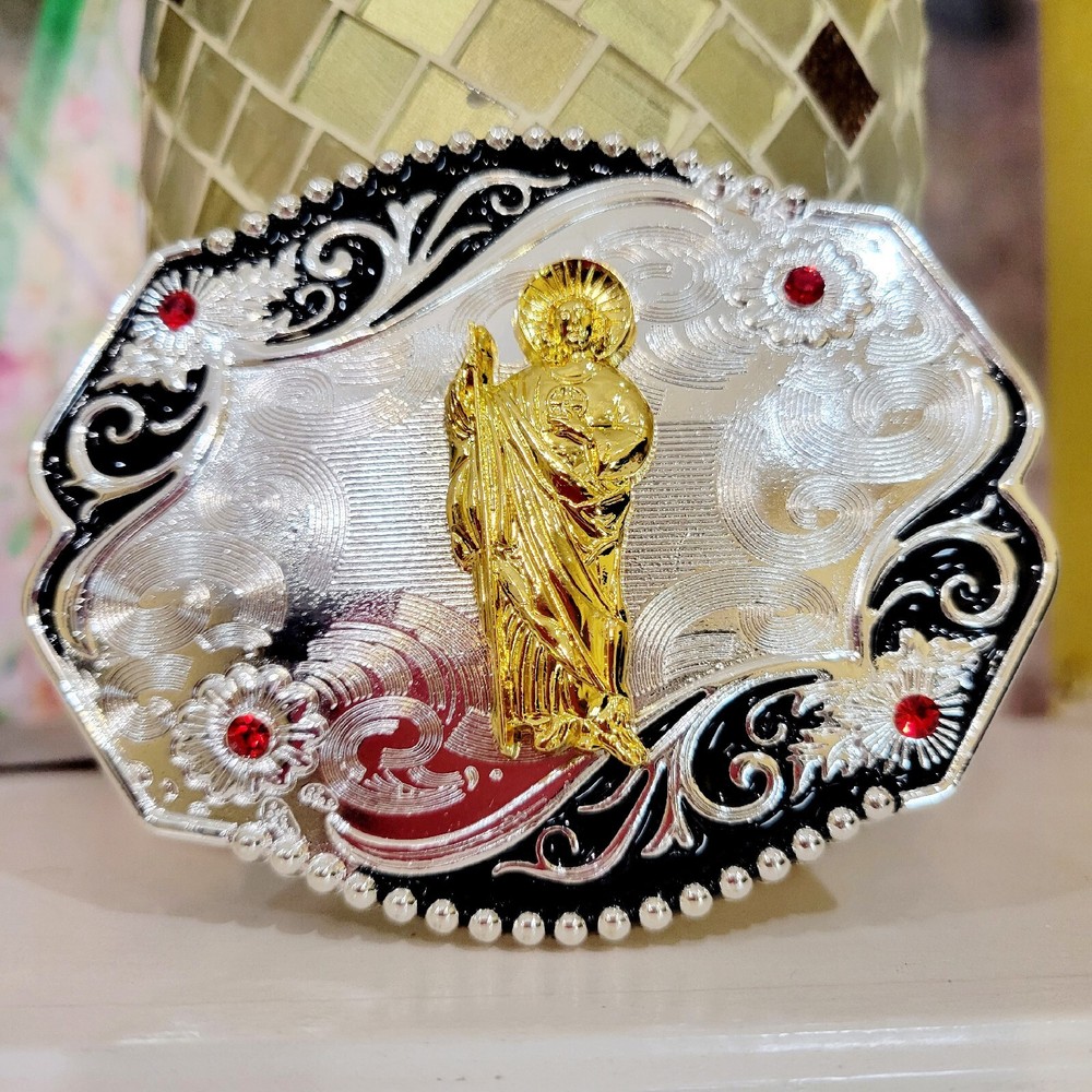 Saint jude San Judas Western belt Buckle Gold Silver Heavy gold silver Red Stone