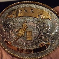 Western Barrel Racing Trophy Belt Buckle P.W.R. Rodney Two Tone Silver Gold Oval