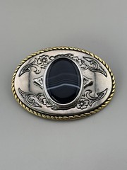 Black Banded Agate Western Belt Buckle Gold Rope Trim Floral Scroll