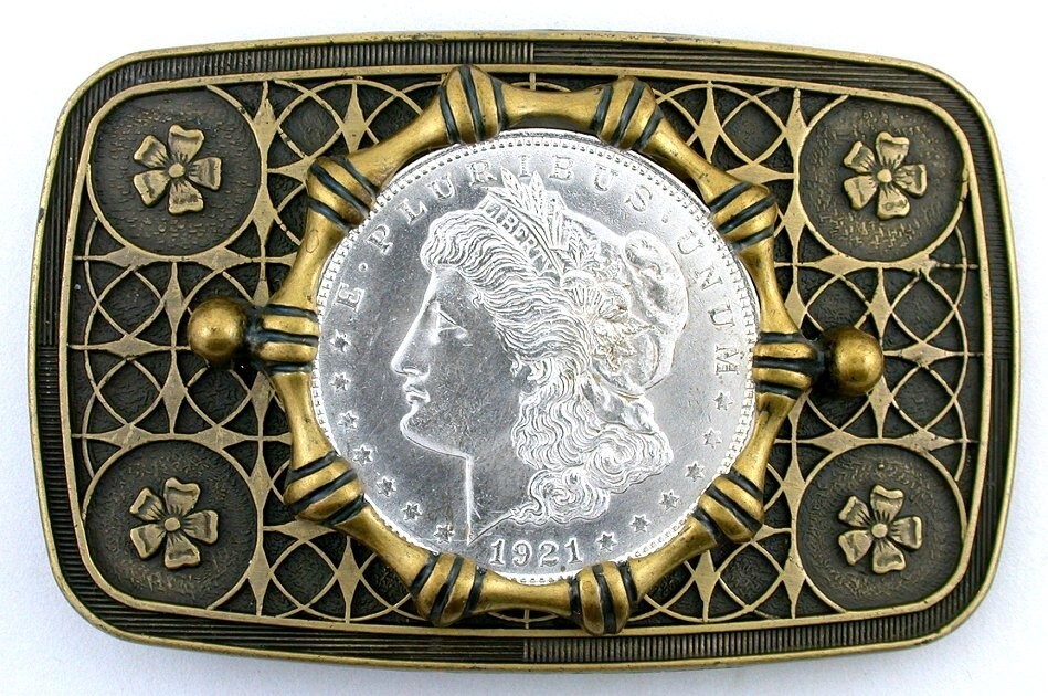 1921 Morgan Real Silver Dollar Antique Gold Color Belt Buckle EBS6514