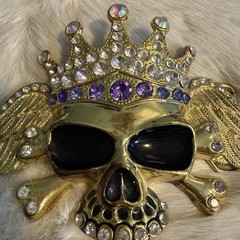 Bling Goldtone Covered Skull Belt Buckle in Clear & Purple Rhinestones