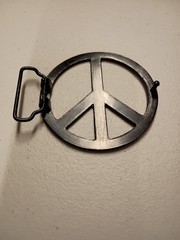 Peace Sign Emblem Belt Buckle 3.5&Prime; Diameter Black Powder Coat Paint on Metal