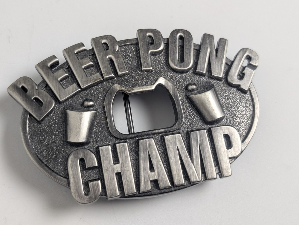 Beer Pong Champ Belt Buckle with Built-in Bottle Opener – Kalan – Pewter Tone