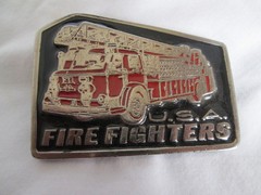 Fire Fighters Belt Buckle Fire Truck U.S.A. Red & Black Enamel Vintage