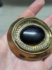 vintage HANDCRAFTED belt buckle ONYX gemstone SIGNED bronze brass BRUTALIST glam