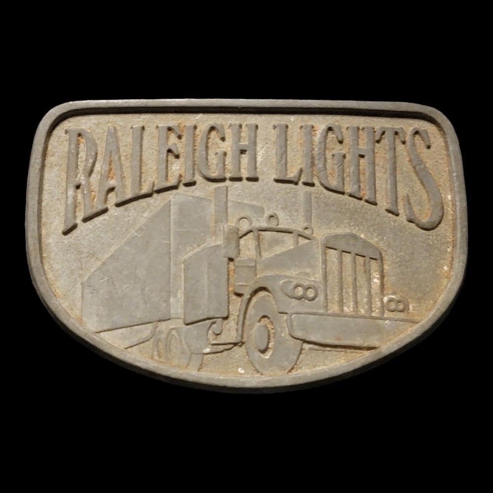 Belt Buckle Vtg Raleigh Lights Semi Truck 18 Wheeler Pewter Tobacco Cigarettes