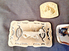 2 Vintage Cowboy Belt Buckles (Road Runner and Saddle) & Bolo Tie clasp / clip