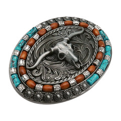 NEW Men Dark Silver Metal Belt Buckle Western Fashion Bull Long Horn Oval Shape