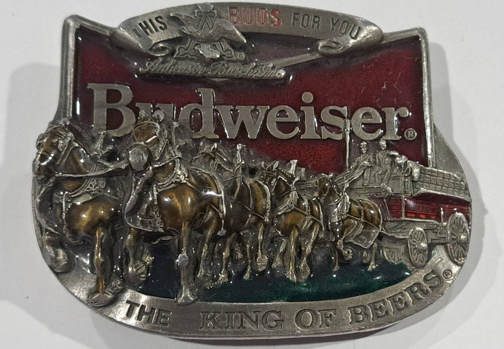 Budweiser King of Beers 1977 Metal Logo Graphic Belt Buckle 1.5 in