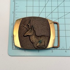 SLKnight Sculpture Belt Buckle Bronze Gold Tone 3&Prime;x2&Prime; Pronghorn Deer 1978 Vtg