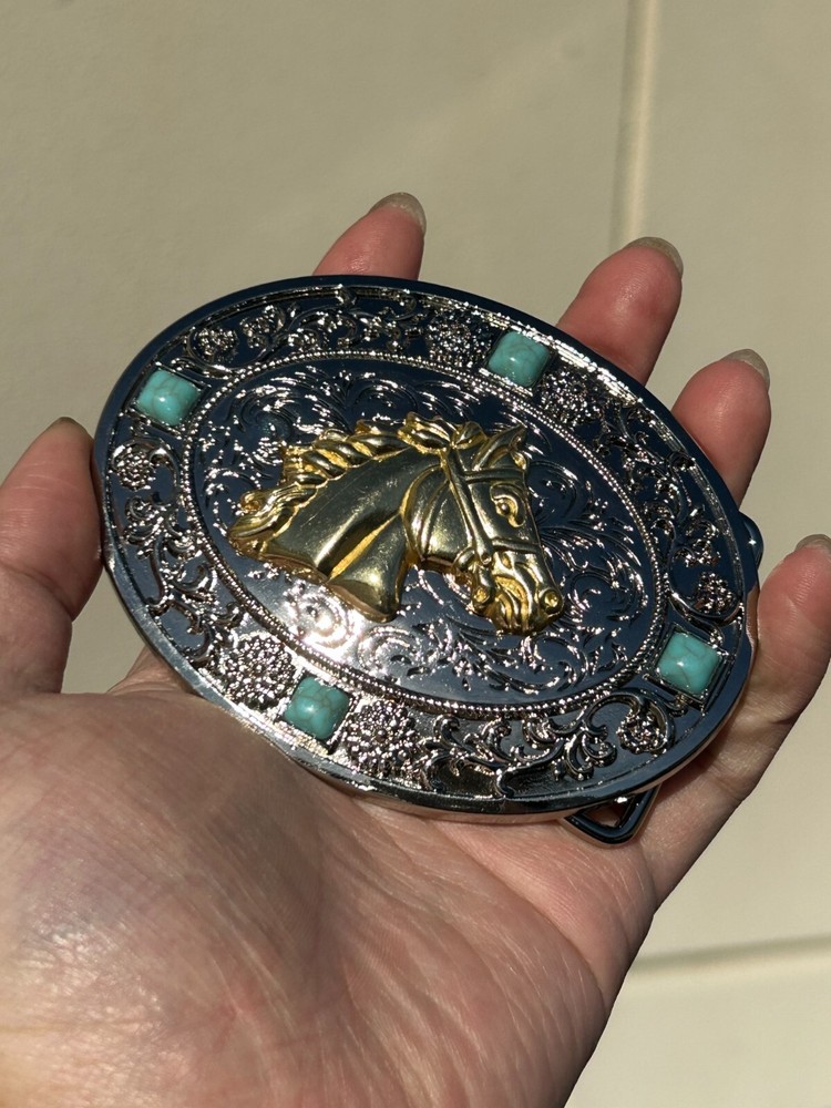 Western Horse Head Buckle Men Unisex Turquoise Silver Chrome Engraved Fit 2 »