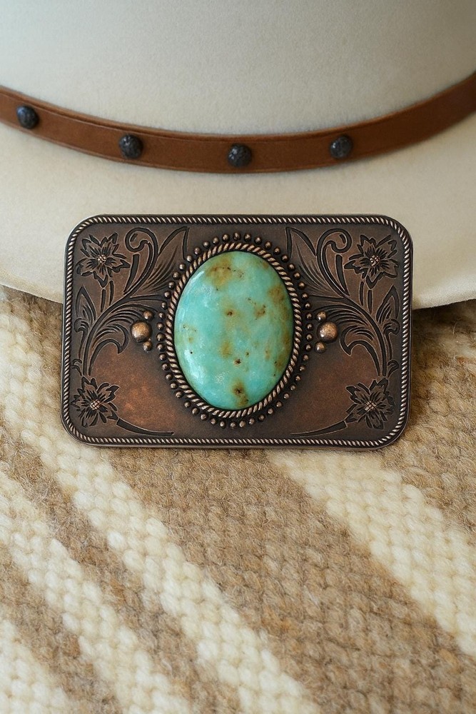 Copper Turquoise Western Belt Buckle Engraved Bronze Flower Cowboy Style