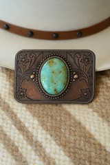 Copper Turquoise Western Belt Buckle Engraved Bronze Flower Cowboy Style
