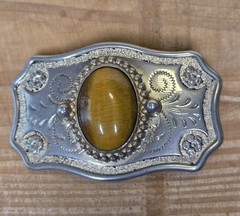 Vintage Silver Metal Belt Buckle With Tiger&rsquo;s Eye Floral/Swirl Design For 1&Prime;Belt