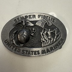 Vintage Metal Belt Buckle: United States Marines Semper Fidelis Eagle Globe Flag