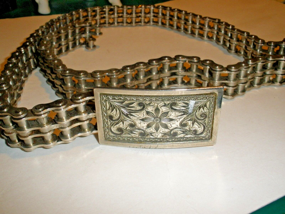 Vintage Motorcycle Chain Belt With Etched Buckle 34&Prime; end to end including buckle