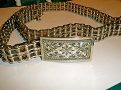 Vintage Motorcycle Chain Belt With Etched Buckle 34&Prime; end to end including buckle