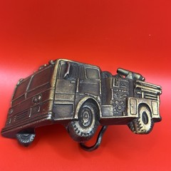 Vtg Fire Truck Belt Buckle Made in USA Solid Cast Metal, Antique Brass Finish