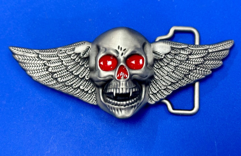 Skull With Fangs And Bright Red Eyes Cutout Large Wide Belt Buckle