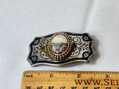 Vtg Western Style Belt Buckle Silvertone And Polished Cabochon Stone USA