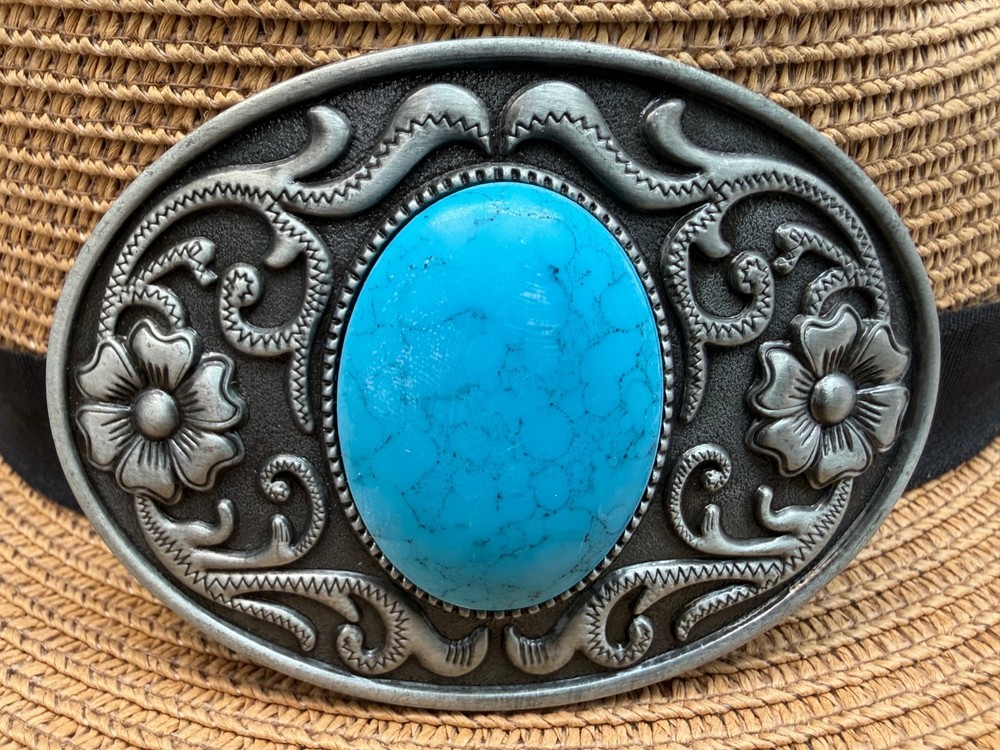 Antiqued Silver Classic Cowboy Floral Pattern Big Turquoise Bead Belt Buckle