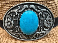 Antiqued Silver Classic Cowboy Floral Pattern Big Turquoise Bead Belt Buckle