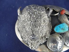 Vintage Keams Chee Navajo Belt Buckle Buffalo Head, 1937 Indian Coin Turquoise