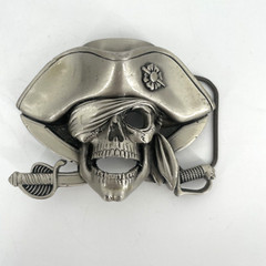 Pirate Jolly Roger Belt Buckle Solid Pewter Silver Tone Swashbuckler 4486 4&Prime;x3&Prime;