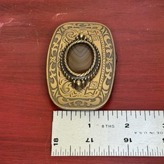 Western Belt Buckle Mens Brass Tone Brown Oval Agate Cabochon Scrollwork Cowboy