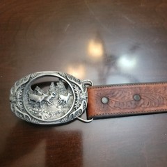 MEN&rsquo;S HEAVY PEWTER 1990 C + J INC DEER SCENE AND ANTLER BELT BUCKLE MADE IN USA