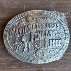 New! Vintage Hesston 1995 Silver Tone National Finals Rodeo Western Belt Buckle