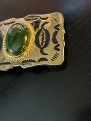Vintage Collectible Green Stone Gold Tone and Black Belt Buckle