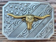 PATRIOTIC COWBOY BULL HEAD ANIMAL AMERICAN FLAG US USA SILVER GOLD BELT BUCKLE