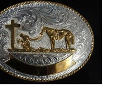 Crumrine Western Buckle Oval Praying Cowboy at Cross Silver & Gold Tone C1037648