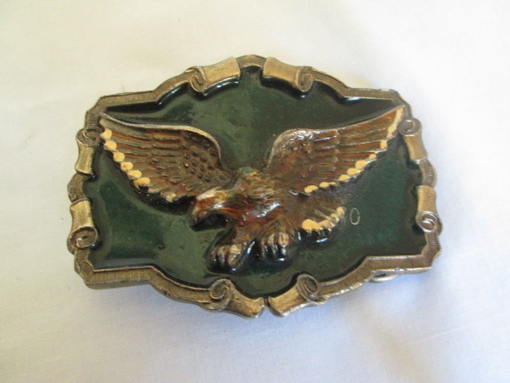 Flying Eagle Belt Buckle Pewter & Green Enamel Made in USA Vintage 1983