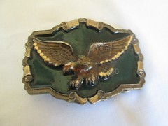 Flying Eagle Belt Buckle Pewter & Green Enamel Made in USA Vintage 1983