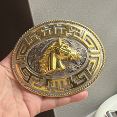 Men&rsquo;s Western Oval Belt Buckle Gold Silver Horse Head Greek Key 1.5 in