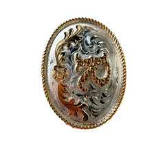 Western Initial Belt Buckle 3.5 x 2 5/8 in Oval R Silver Engraved Gold 1.75