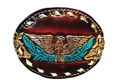 EAGLE Belt BUCKLE w/ GOLD BUCKSTITCHING Lg HANDMADE Brown LEATHER Western/Biker