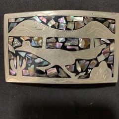 Western Belt Buckle with Roadrunner Bird Abalone Shell Southwest Cactus Inlaid