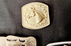 2 Vintage Cowboy Belt Buckles (Road Runner and Saddle) & Bolo Tie clasp / clip