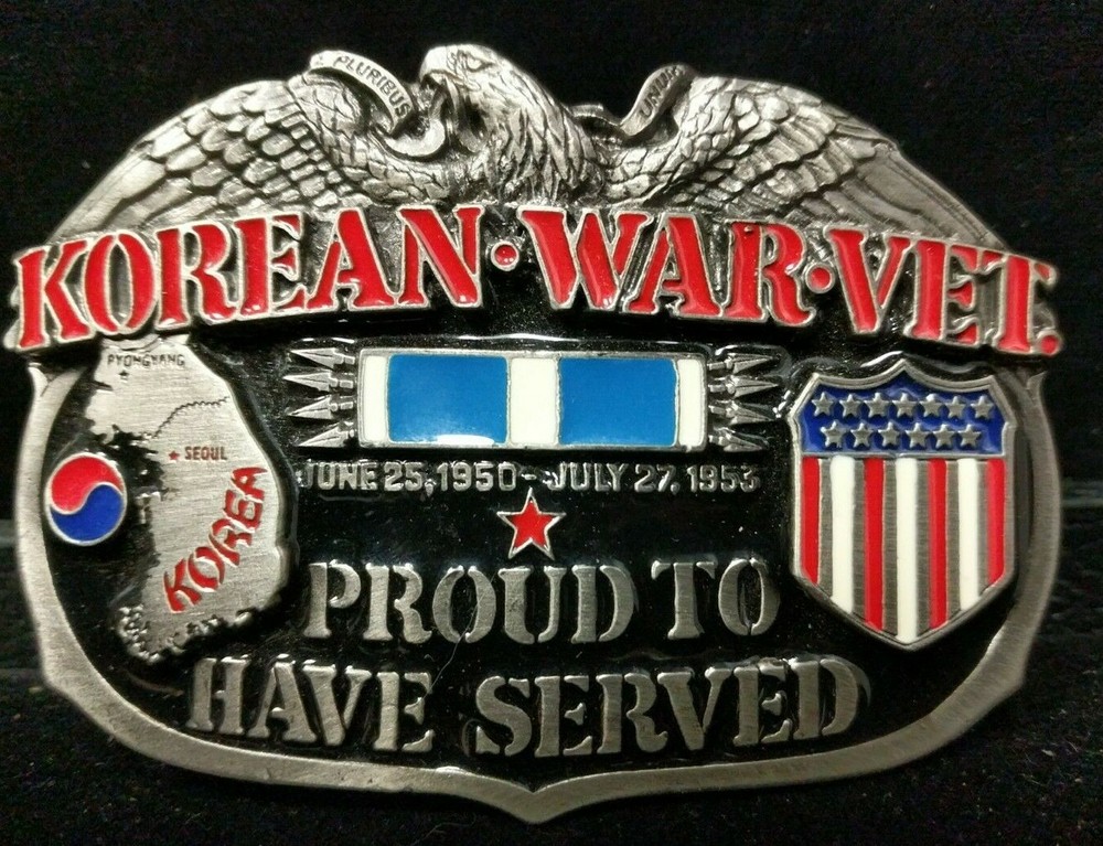 Patriotic American Belt Buckle Proud To Serve Korean War Enamel Heavy Made USA