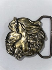 Lewis Pewter Metal Belt Buckle Vintage 1975 Art Nouveau Head Breasts Flowers
