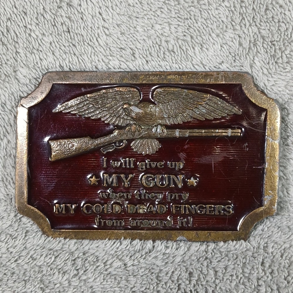 Indiana Metal Craft Belt Buckle Mens OS Burgundy Eagle 1970s Brass Gun Rights