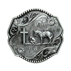 Large Western Belt Buckle for Men Retro Rodeo Wear Praying Cowboy At The Cross