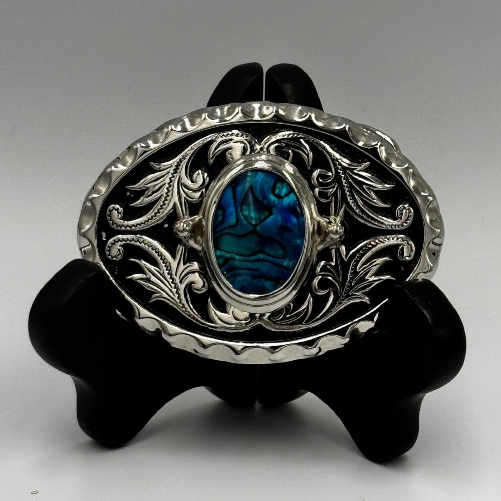 Western Silver Tone Oval Belt Buckle Blue Abalone Shell Inlay Floral Scrollwork