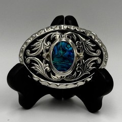 Western Silver Tone Oval Belt Buckle Blue Abalone Shell Inlay Floral Scrollwork