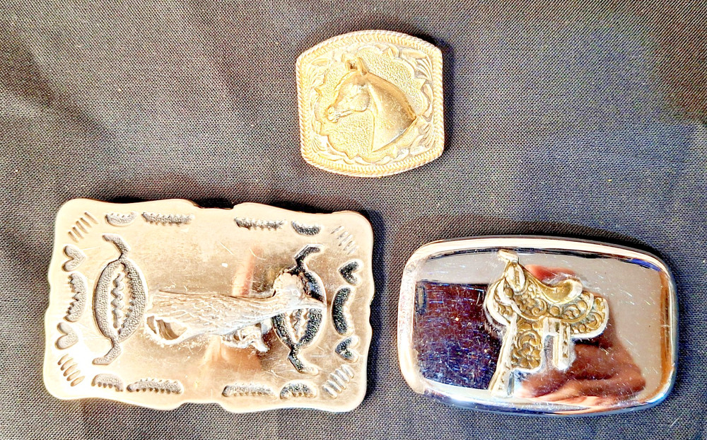2 Vintage Cowboy Belt Buckles (Road Runner and Saddle) & Bolo Tie clasp / clip